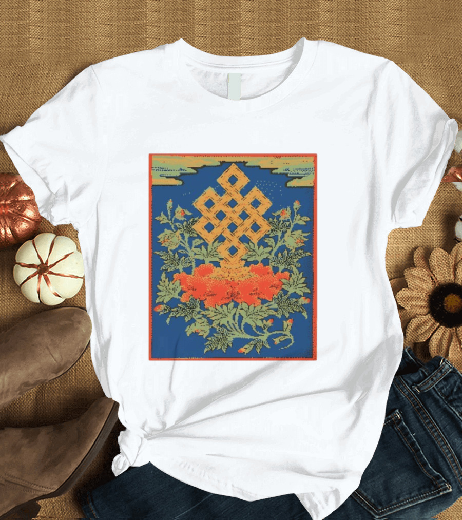 Srivatsa Endless Knot Floral Design Buddhist Symbol With Blossoms T-Shirt