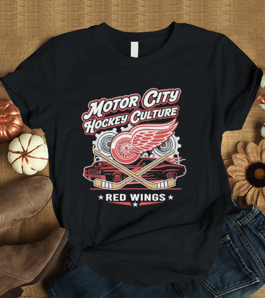 Motor City Hockey Culture Red Wings NHL Classic Logo And Car T-Shirt