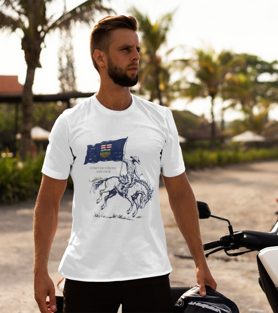 Alberta Flag Forever Strong And Free Bronco Rider Cowboy T-Shirt