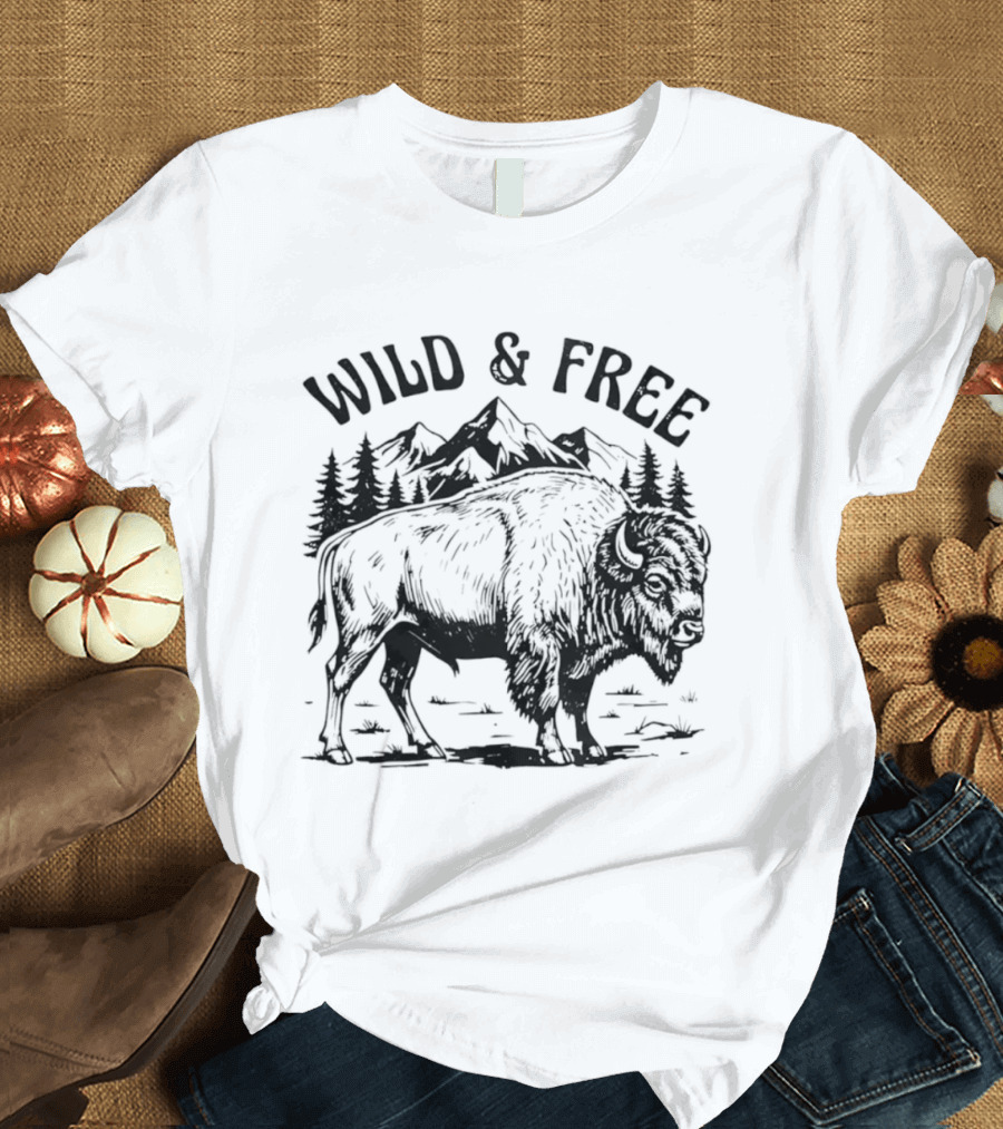 Wild And Free Bison With Mountain And Forest Scene T-Shirt