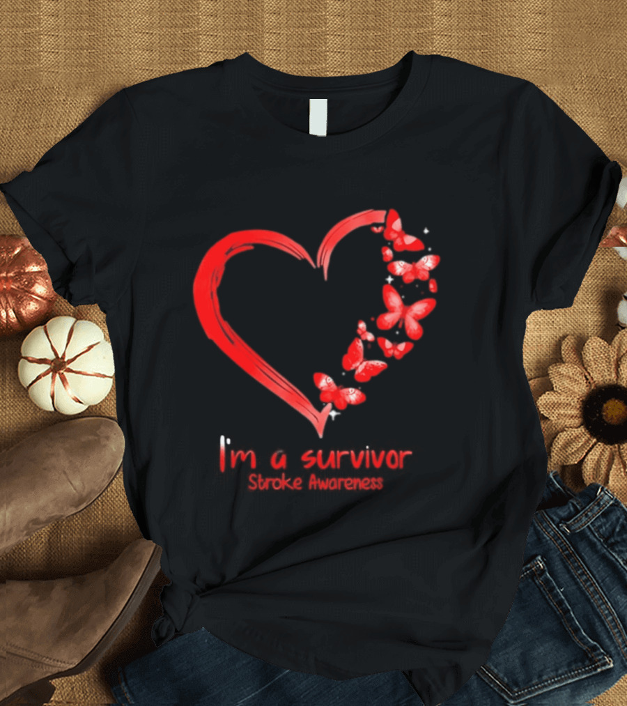 I'm A Survivor Stroke Awareness Heart And Red Butterflies T-Shirt