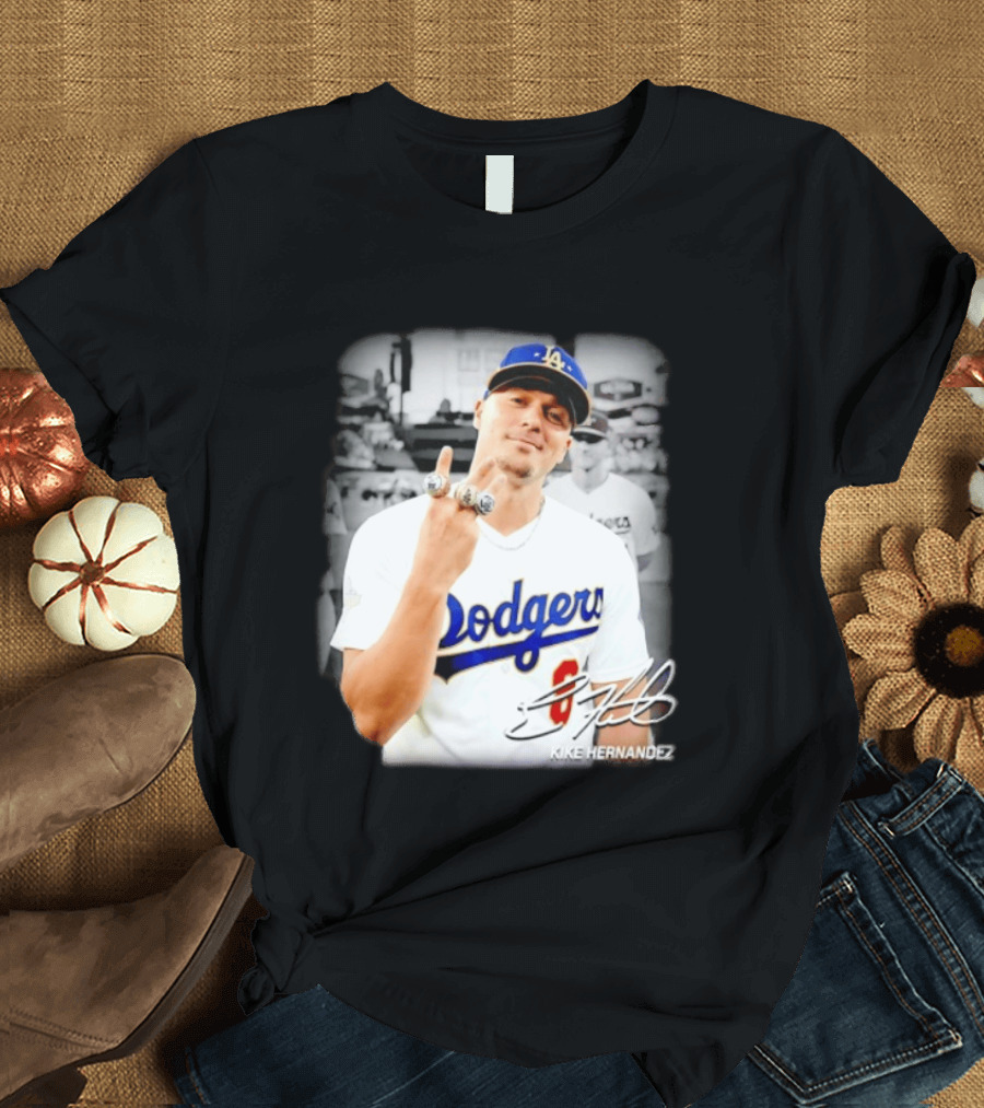 Kike Hernandez Los Angeles Dodgers MLB Number 14 Autographed Photo T-Shirt