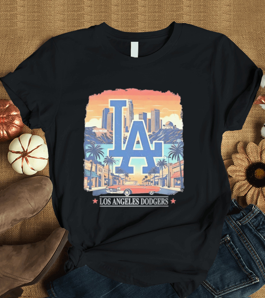 Los Angeles Dodgers LA Hollywood Skyline Classic Car T-Shirt