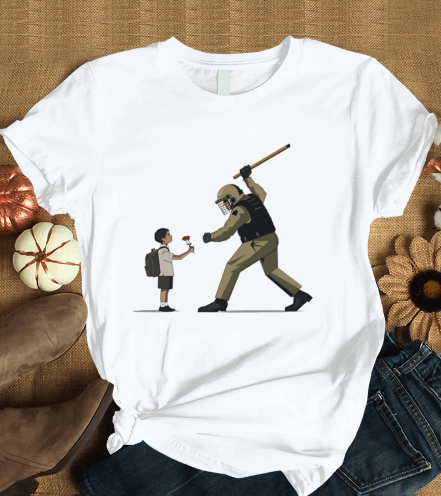 Bloom Under Fire: Child Offering Flower To Armed Officer T-Shirt