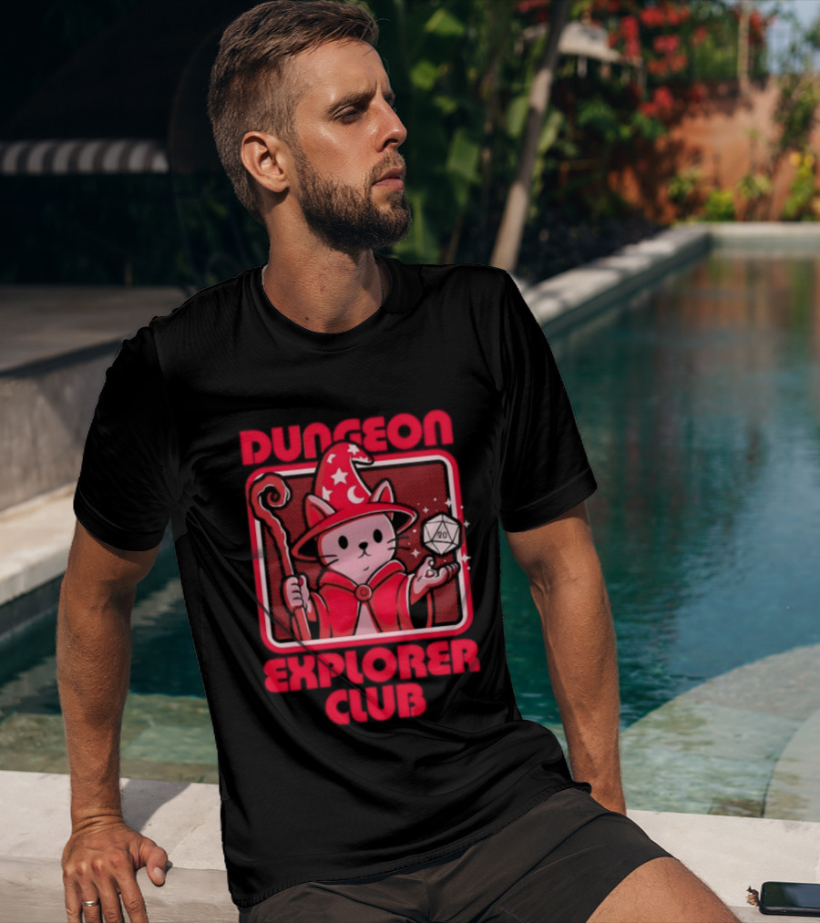 Dungeon Explorer Club Wizard Cat With D20 Dice Magic Wand T-Shirt
