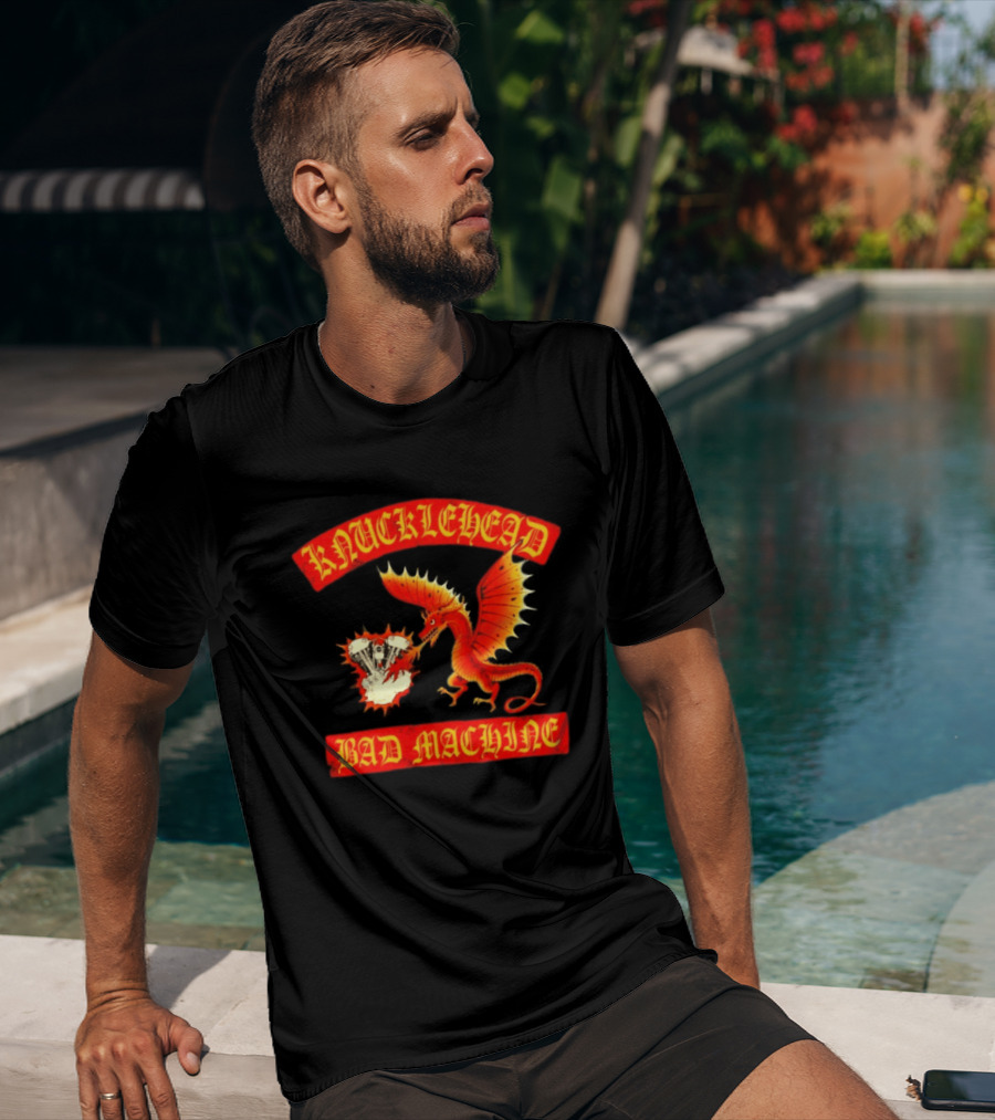 Knucklehead Bad Machine Dragon Motorcycle Engine Fire Breathing T-Shirt