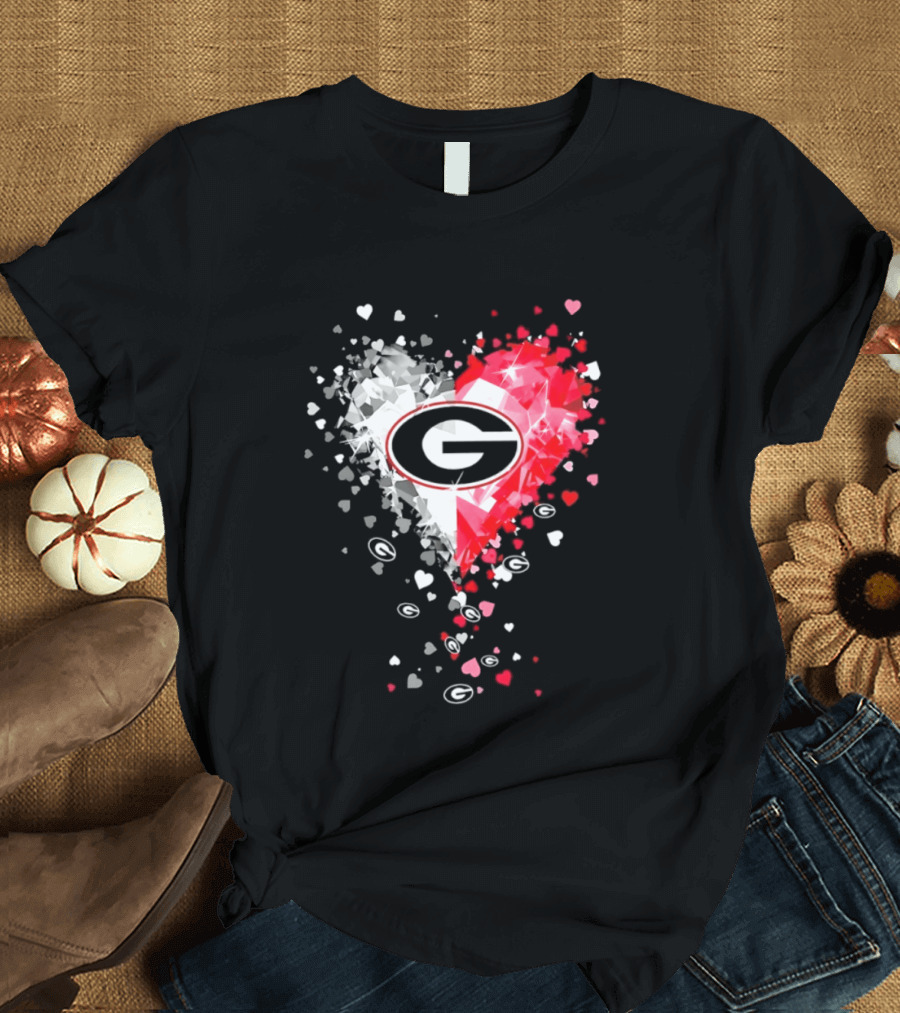 Georgia Bulldogs Heart Shaped Red And White Gemstone T-Shirt