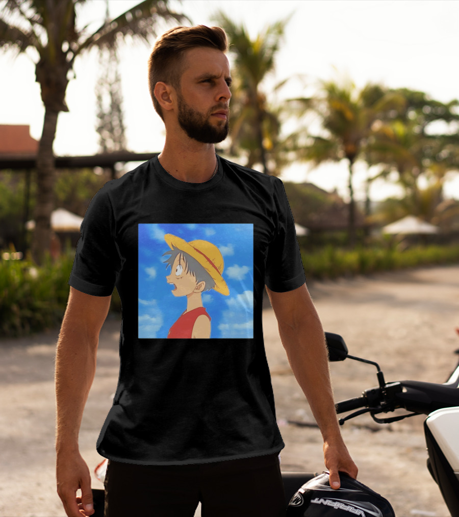 Monkey D Luffy Sky Gazing Red Vest Yellow Straw Hat Anime Scene Clouds Blue Sky T-Shirt