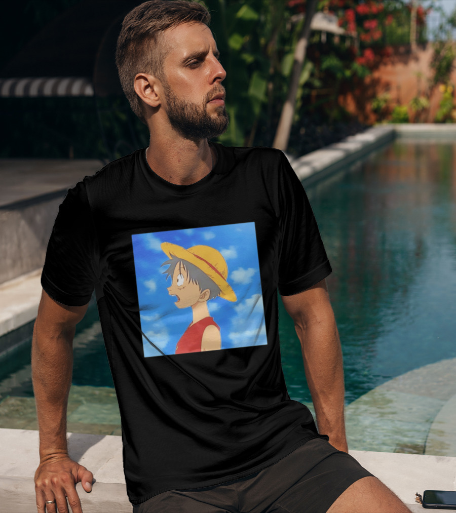 Monkey D Luffy Sky Gazing Red Vest Yellow Straw Hat Anime Scene Clouds Blue Sky T-Shirt