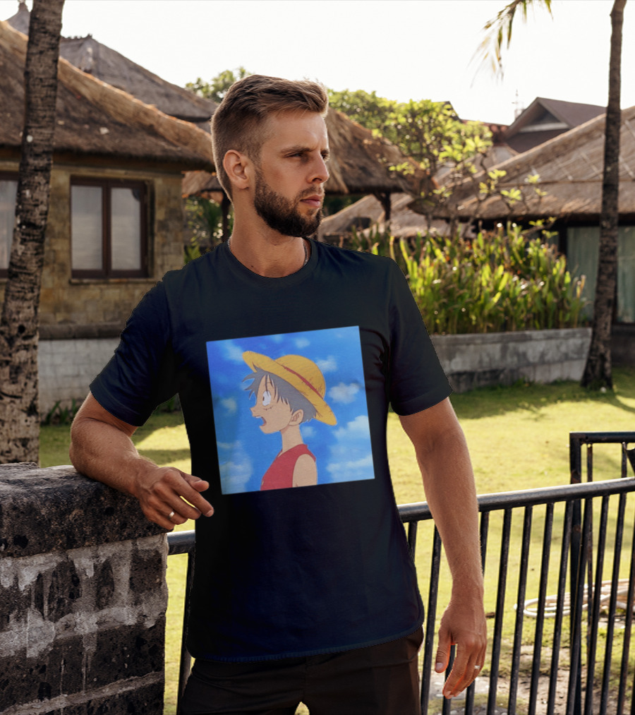 Monkey D Luffy Sky Gazing Red Vest Yellow Straw Hat Anime Scene Clouds Blue Sky T-Shirt