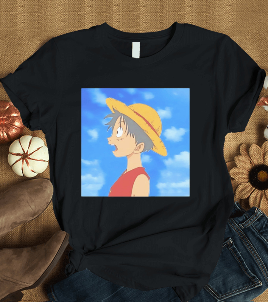Monkey D Luffy Sky Gazing Red Vest Yellow Straw Hat Anime Scene Clouds Blue Sky T-Shirt