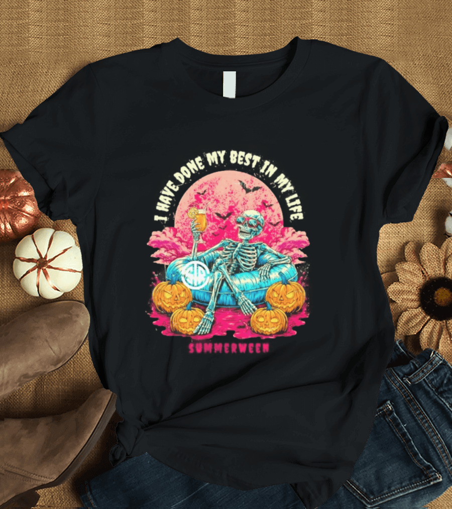 I Have Done My Best In My Life Summerween Skeleton Relaxing With Pumpkins And Bat T-Shirt