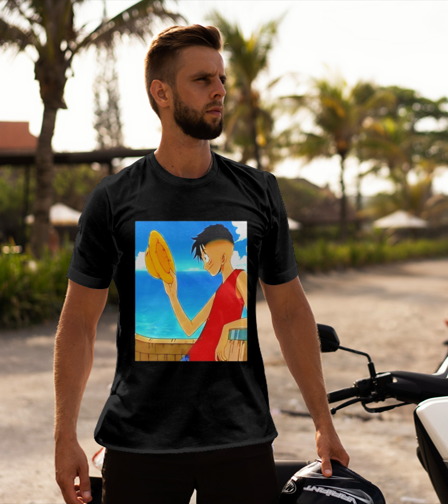 One Piece Luffy Taper Fade Anime Manga Straw Hat Ocean Scene T-Shirt