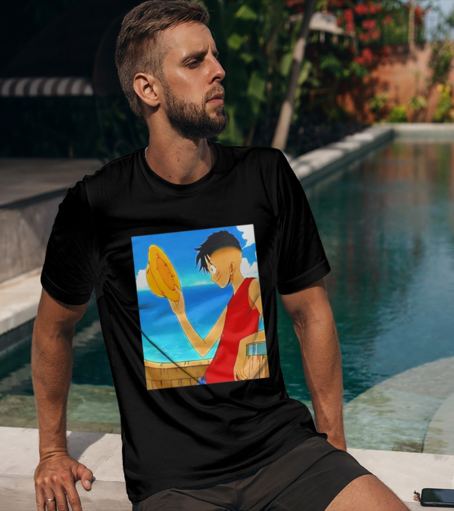 One Piece Luffy Taper Fade Anime Manga Straw Hat Ocean Scene T-Shirt