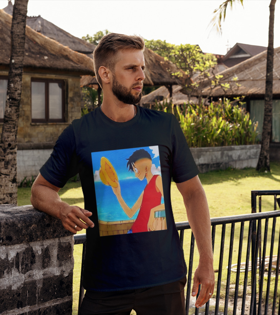 One Piece Luffy Taper Fade Anime Manga Straw Hat Ocean Scene T-Shirt