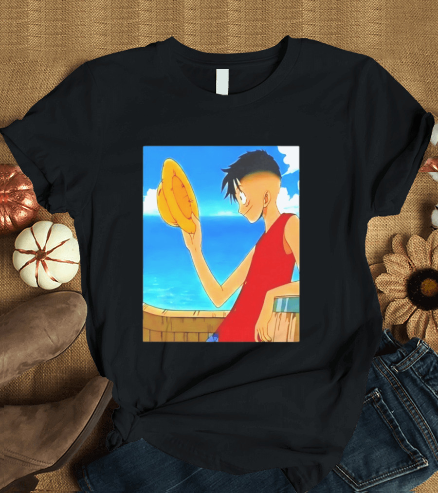One Piece Luffy Taper Fade Anime Manga Straw Hat Ocean Scene T-Shirt