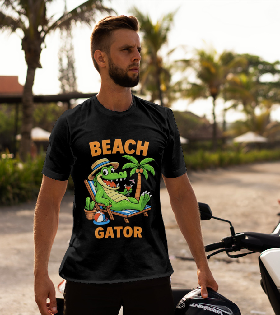 Beach Gator Tropical Alligator Vacation Relaxing With Cocktail Palm Tree T-Shirt