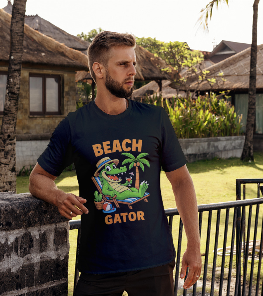 Beach Gator Tropical Alligator Vacation Relaxing With Cocktail Palm Tree T-Shirt