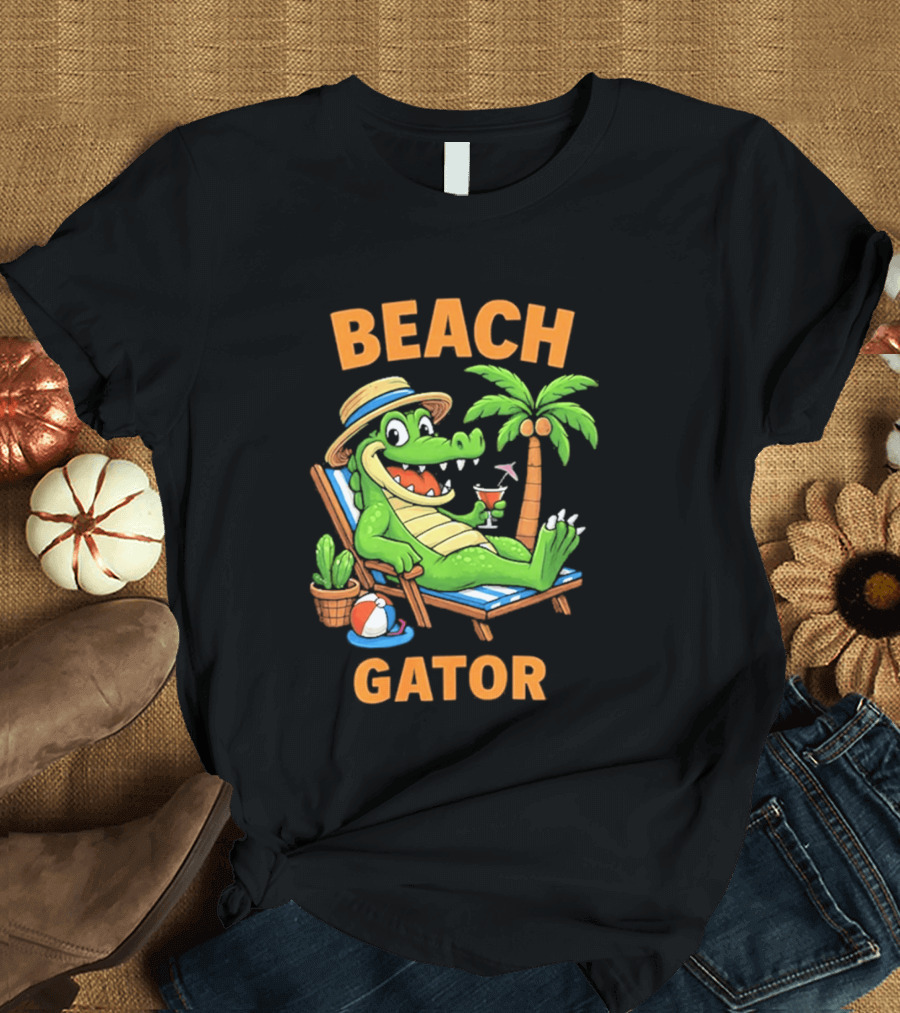Beach Gator Tropical Alligator Vacation Relaxing With Cocktail Palm Tree T-Shirt