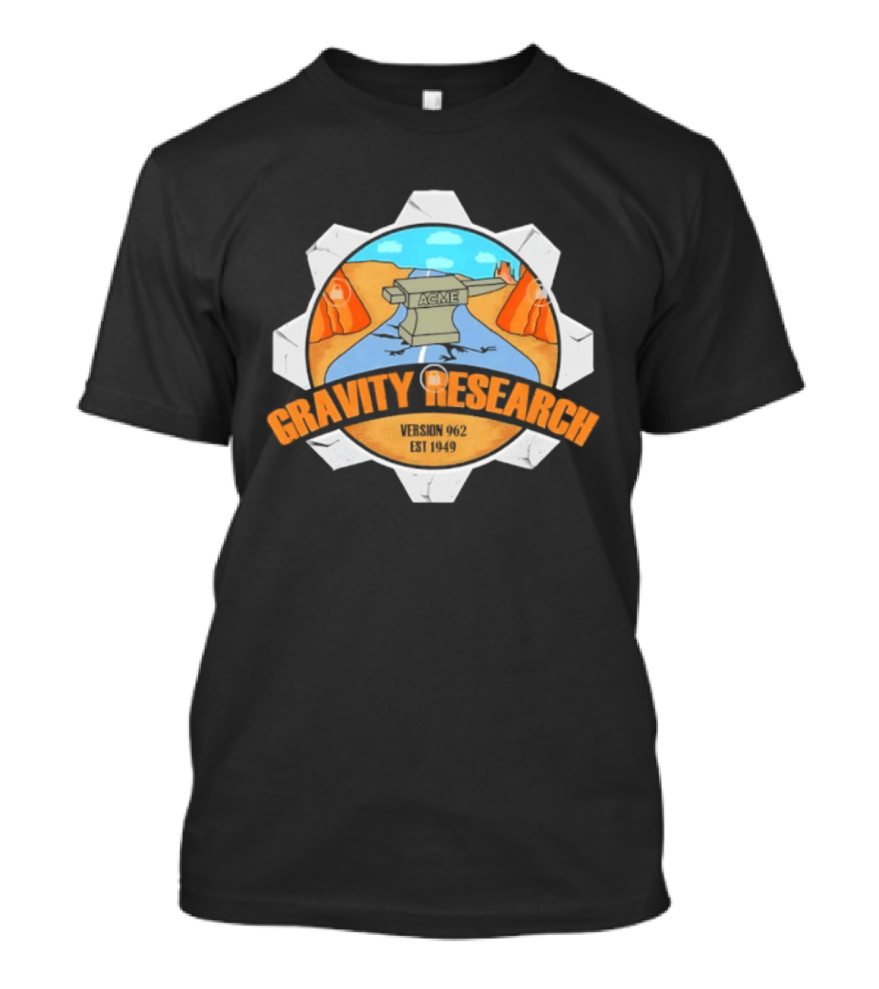 Acme Gravity Research Version 962 Est 1949 Cartoon Desert Road Scene T-Shirt