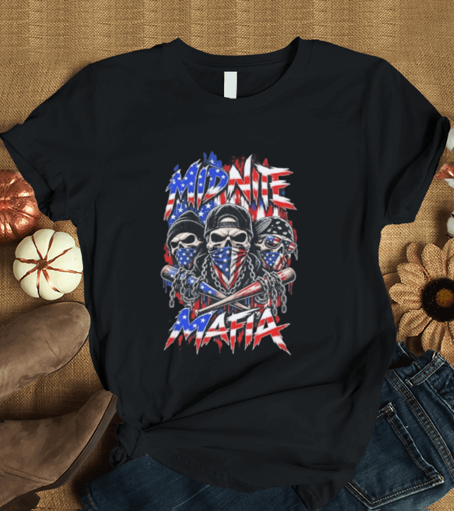 Midnite Mafia Skulls American Flag Bandanas Baseball Bats Chains T-Shirt