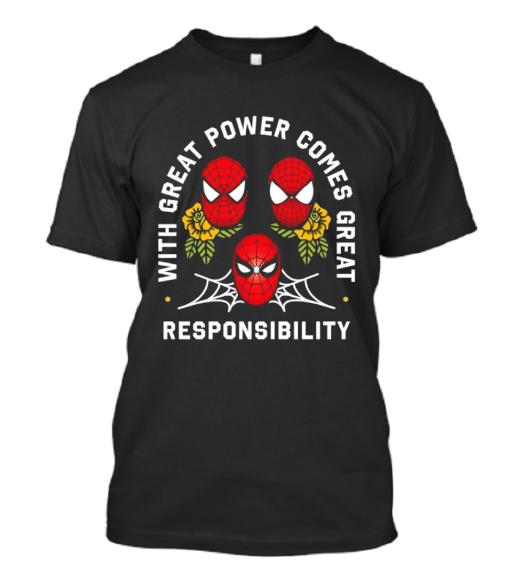 With Great Power Comes Great Responsibility Spider Man Masks Webs Flowers T-Shirt