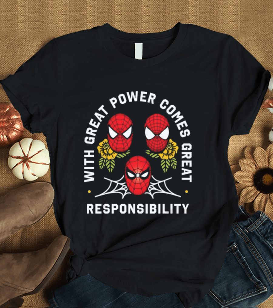 With Great Power Comes Great Responsibility Spider Man Masks Webs Flowers T-Shirt