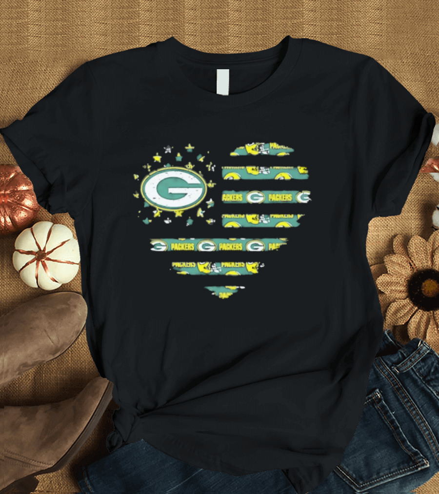 Green Bay Packers 2026 Season American Flag Heart Packers Gamers NFL Football Fans T-Shirt
