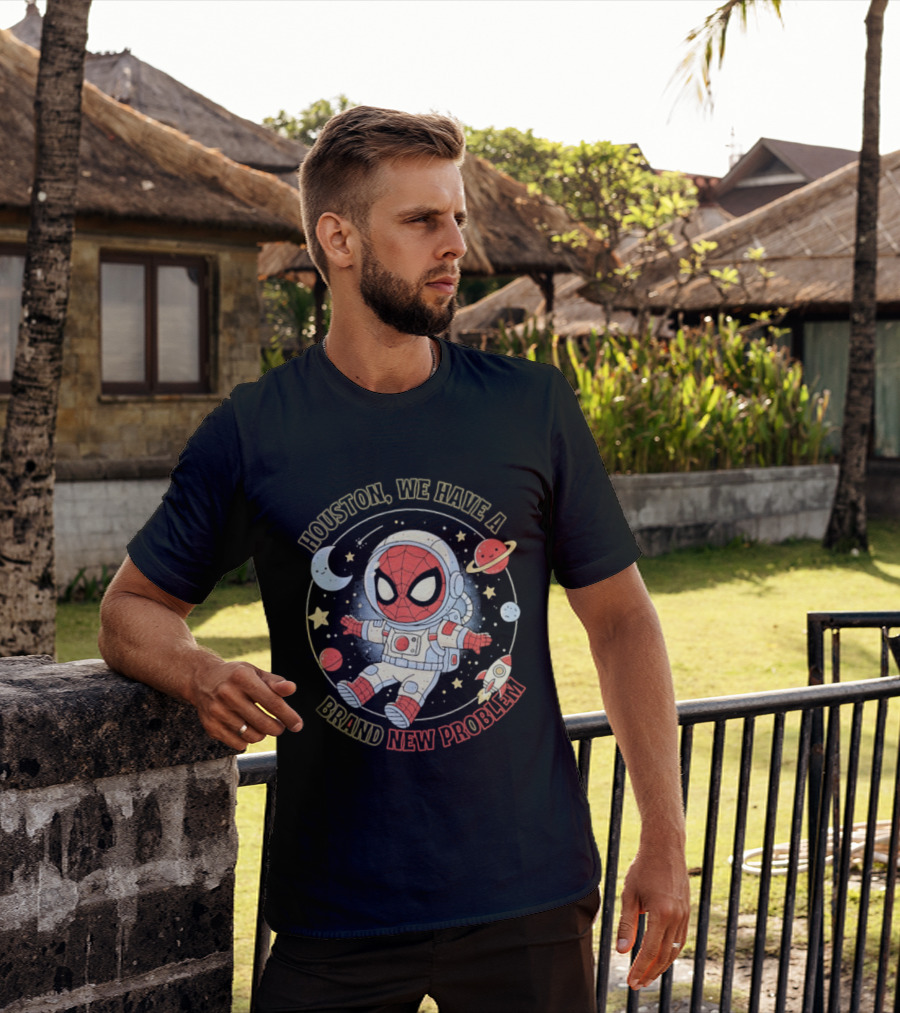 Houston We Have A Brand New Problem Spider Man Astronaut Moon Stars Planets T-Shirt