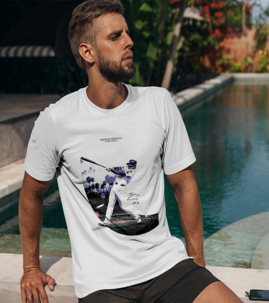 Shohei Ohtani 17 Los Angeles Angels MLB Slugger Swing Two Sided T-Shirt