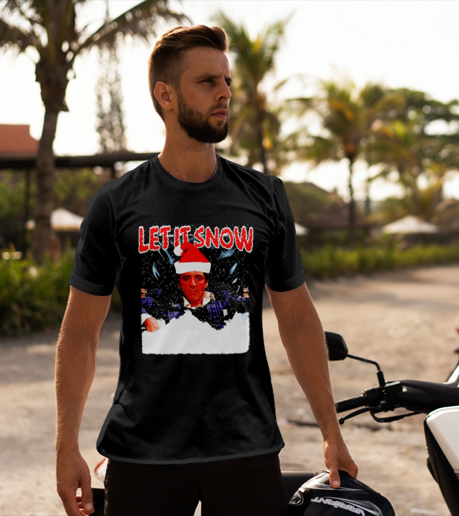 Let It Snow Al Pacino Scarface Tony Montana Snowflakes Santa Hat T-Shirt