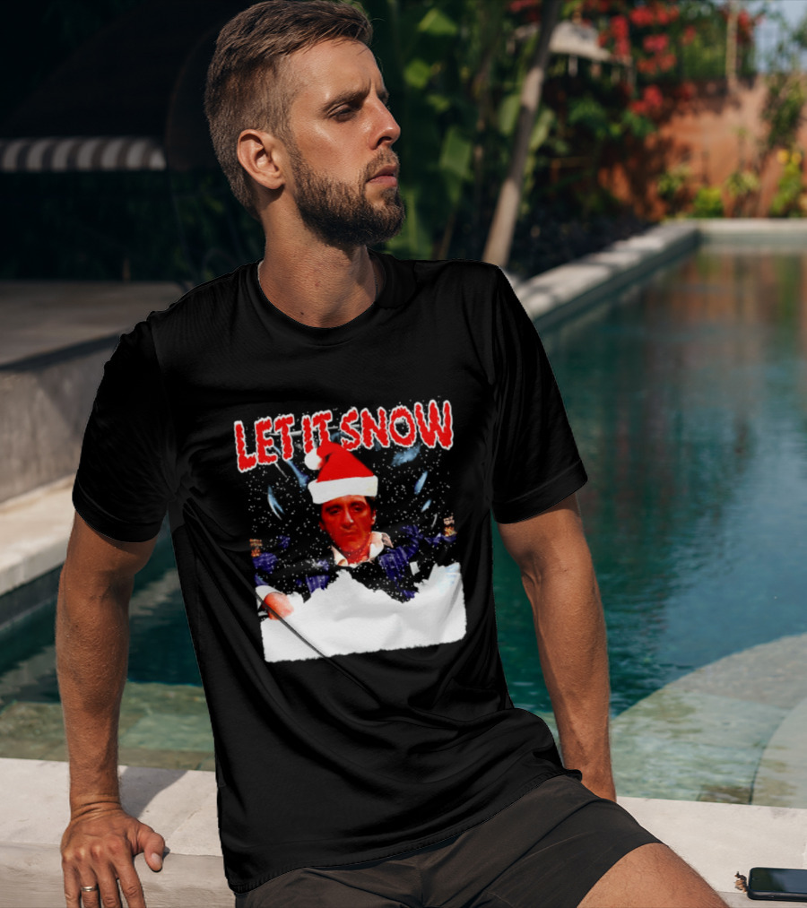Let It Snow Al Pacino Scarface Tony Montana Snowflakes Santa Hat T-Shirt