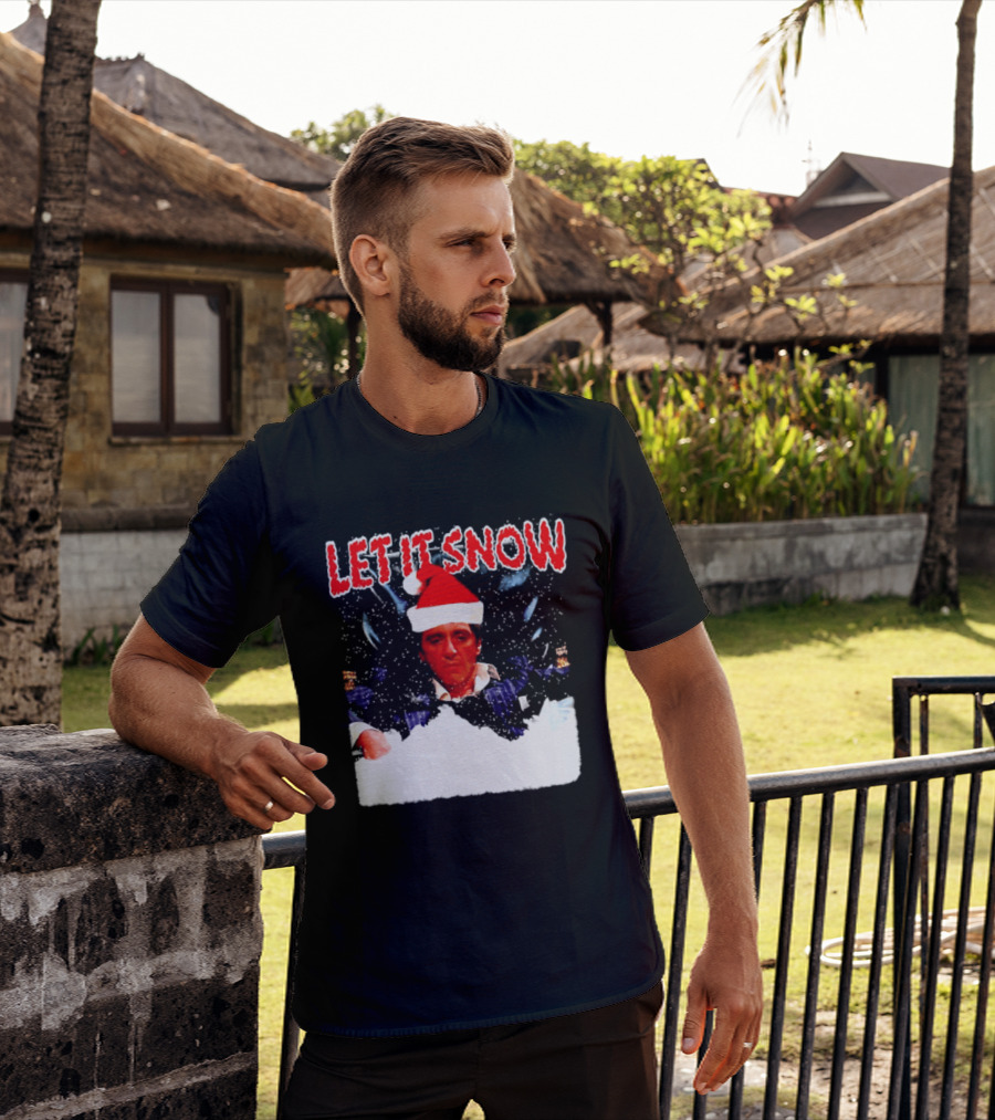 Let It Snow Al Pacino Scarface Tony Montana Snowflakes Santa Hat T-Shirt