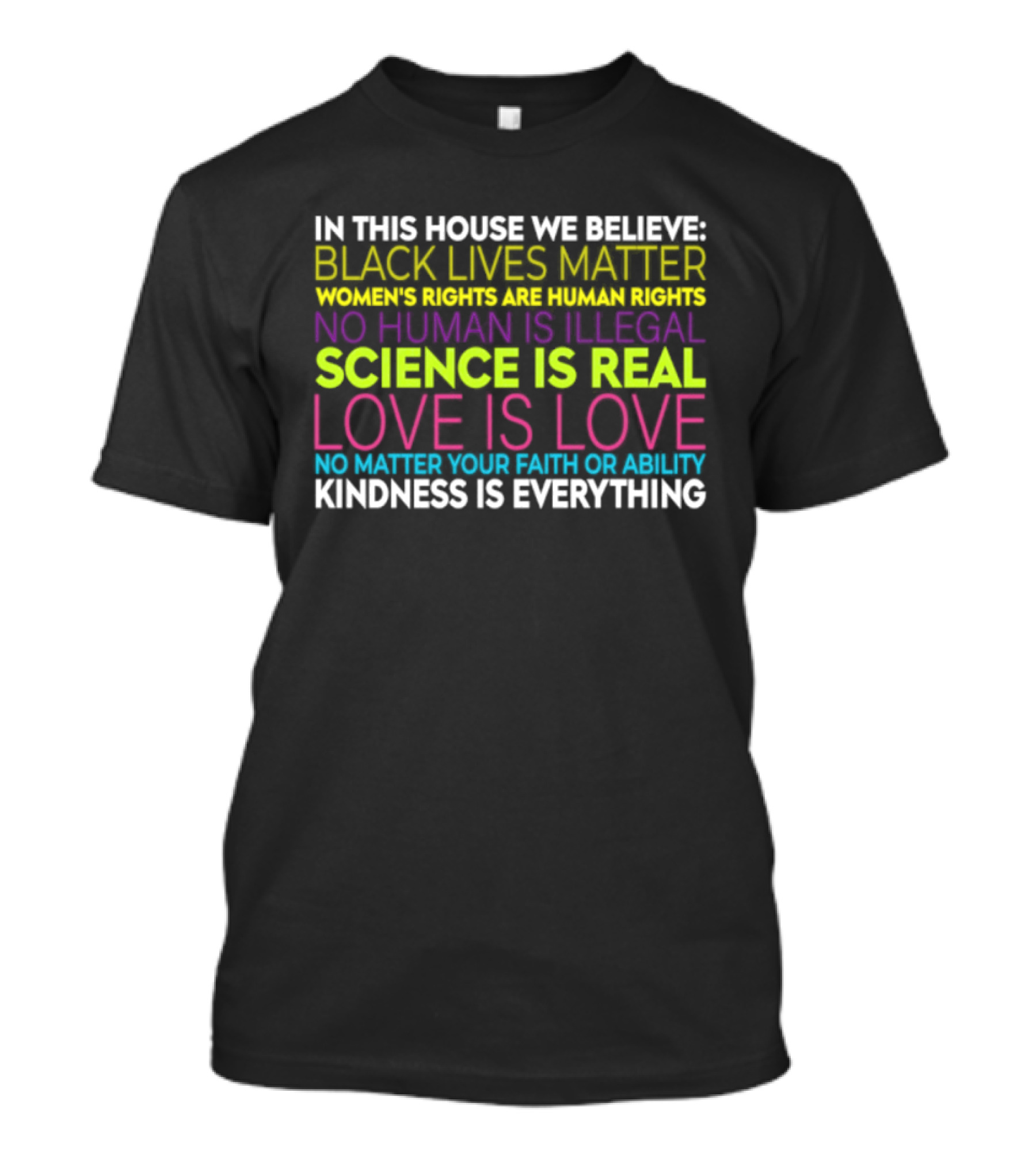 In This House We Believe Black Lives Matter Women's Rights Are Human Rights No Human Is Illegal Science Is Real Love Is Love Kindness Is Everything T-Shirt