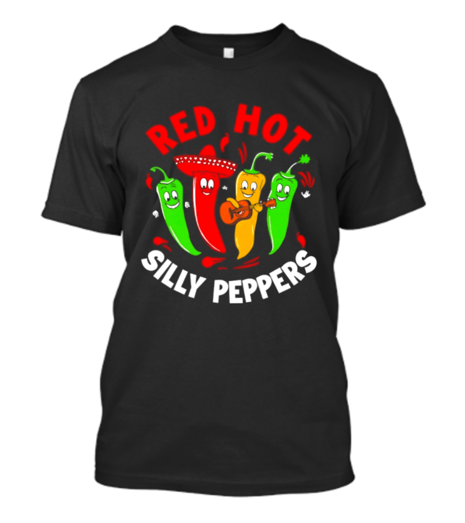 Red Hot Silly Peppers Band With Colorful Chili Cartoon Characters Playing Guitar T-Shirt