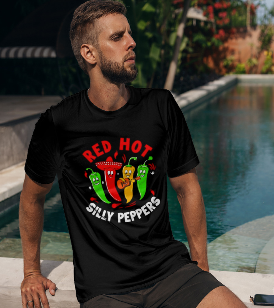 Red Hot Silly Peppers Band With Colorful Chili Cartoon Characters Playing Guitar T-Shirt