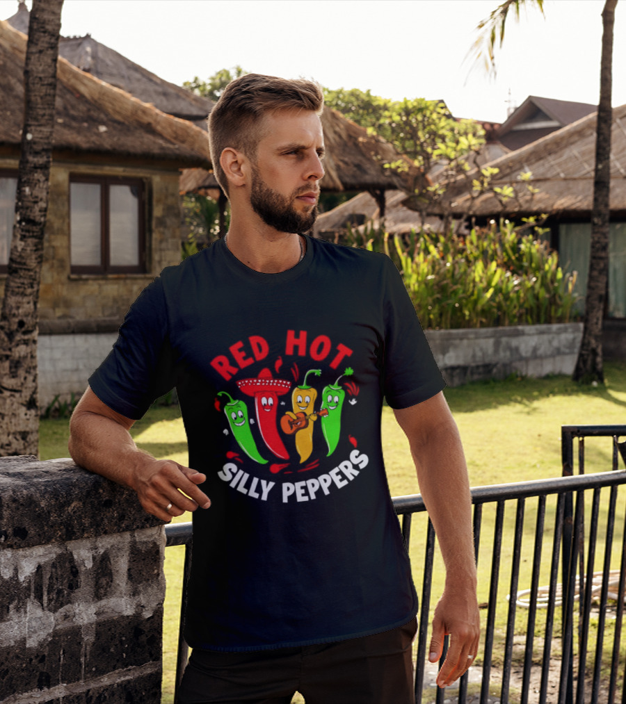 Red Hot Silly Peppers Band With Colorful Chili Cartoon Characters Playing Guitar T-Shirt