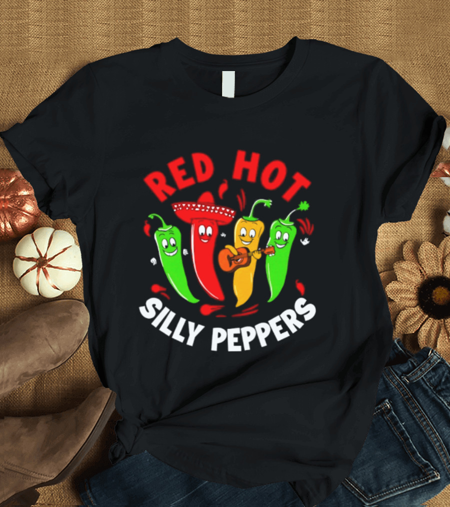 Red Hot Silly Peppers Band With Colorful Chili Cartoon Characters Playing Guitar T-Shirt