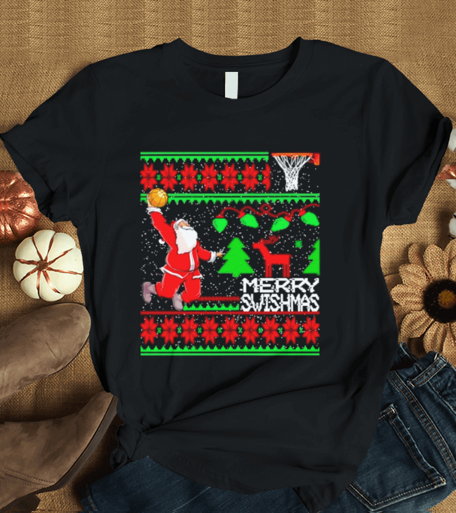 Santa Claus Dunking Basketball Ugly Christmas Sweater Merry Swishmas T-Shirt