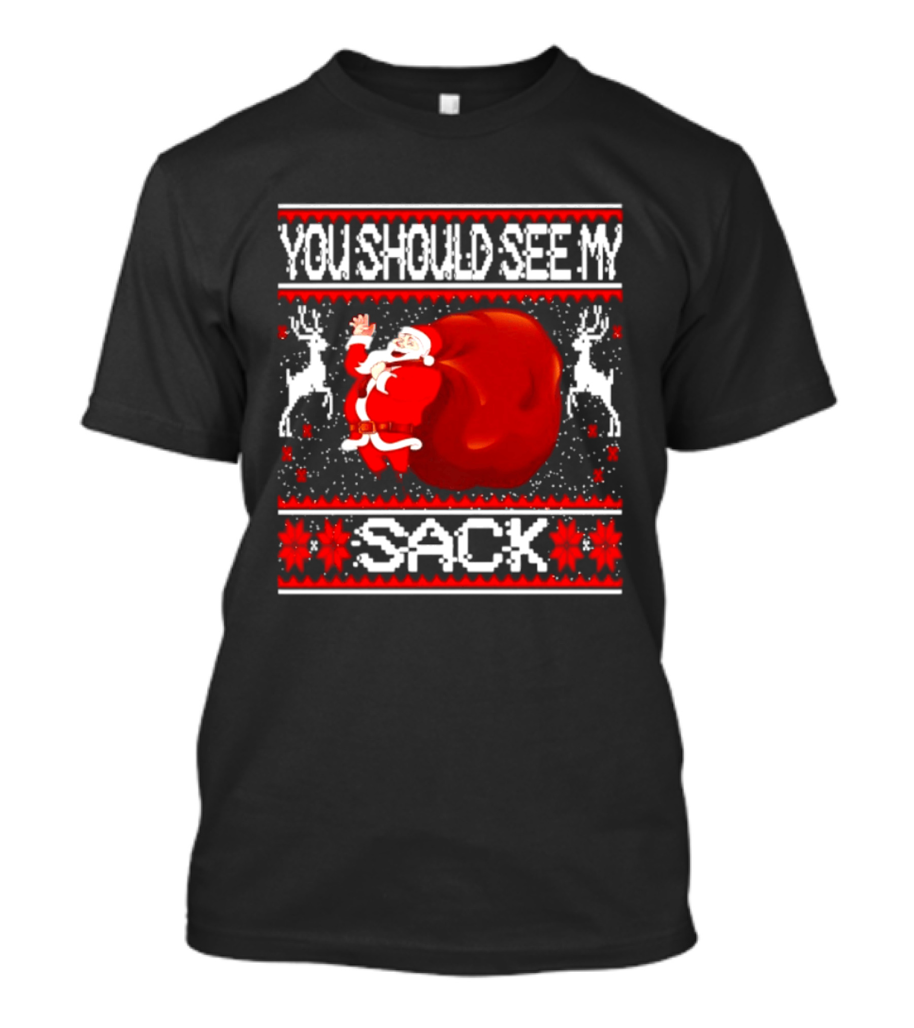 You Should See My Sack Santa Claus Ugly Christmas Reindeer Snowflakes T-Shirt