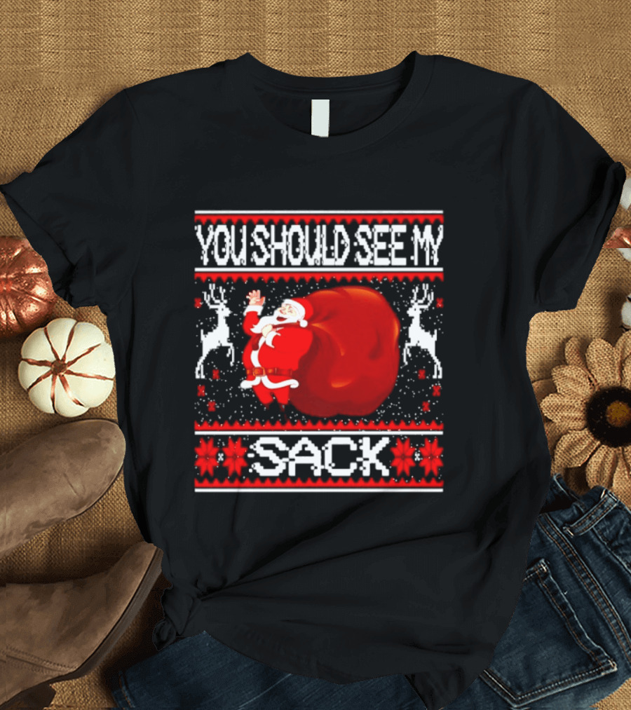 You Should See My Sack Santa Claus Ugly Christmas Reindeer Snowflakes T-Shirt