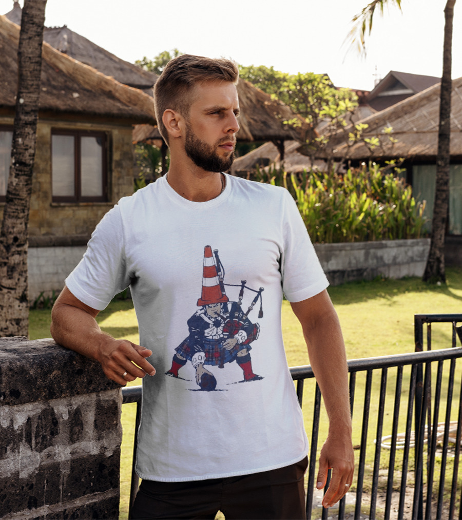 Bagpipes Player With Traffic Cone Hat Scottish Kilt Outfit T-Shirt