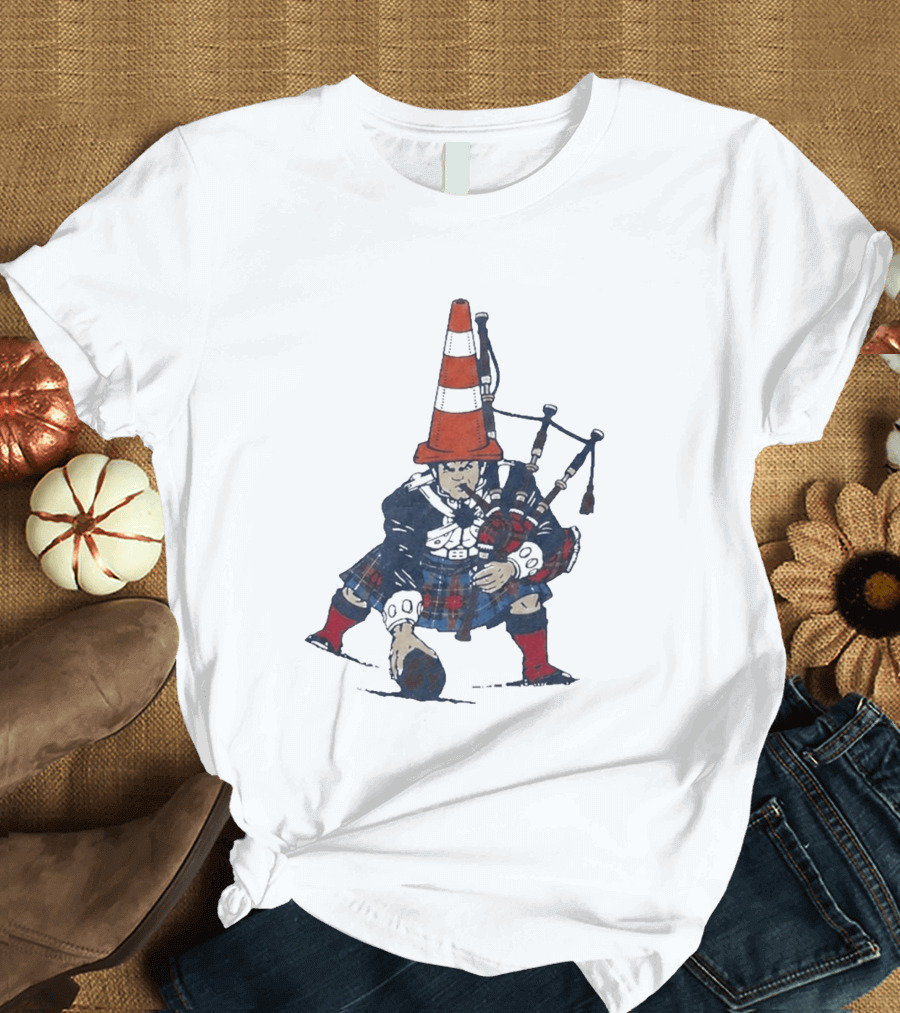 Bagpipes Player With Traffic Cone Hat Scottish Kilt Outfit T-Shirt