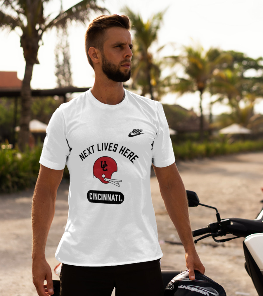 Next Lives Here Cincinnati UC Football Helmet Nike T-Shirt