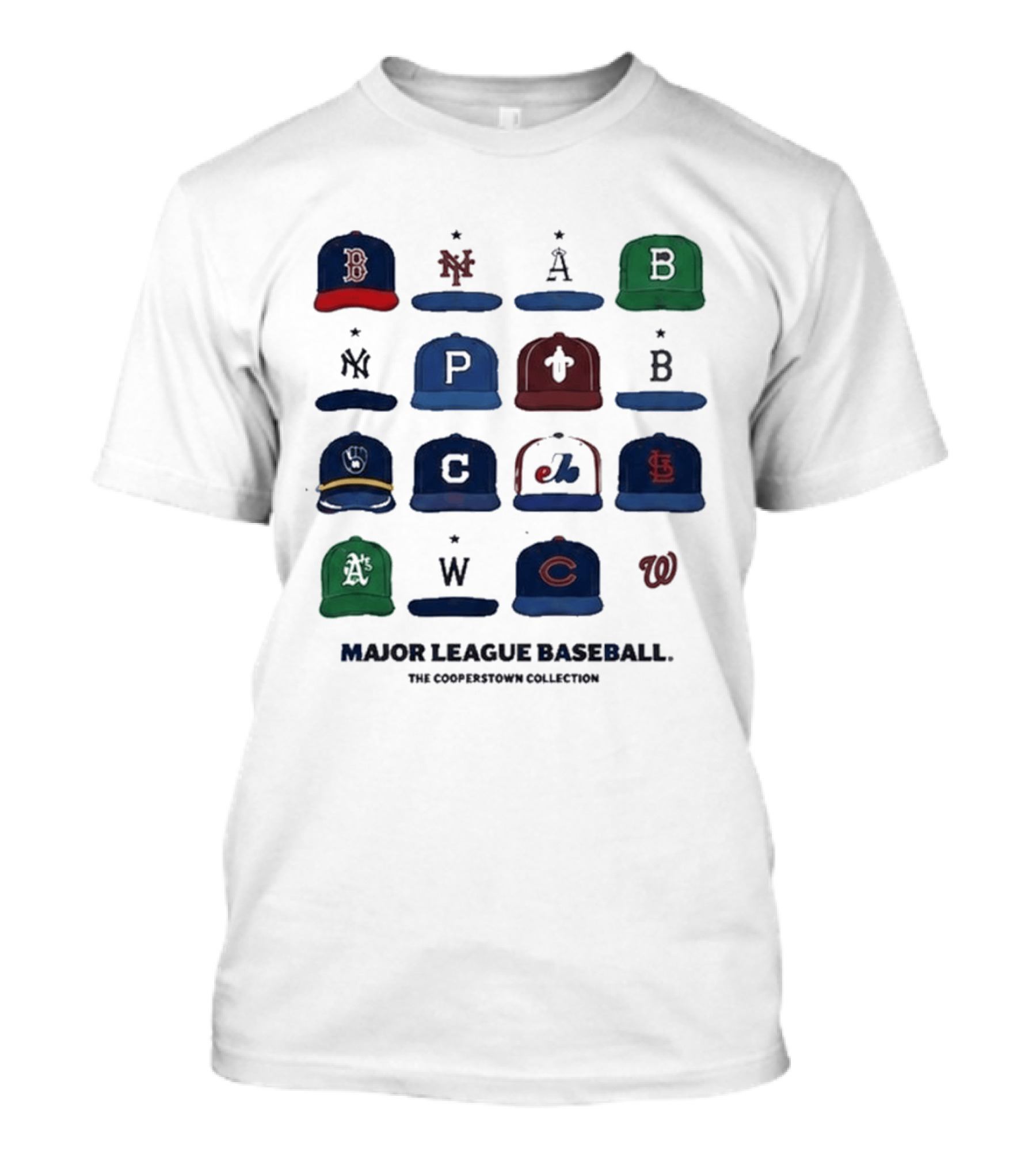 Major League Baseball Cooperstown Collection Cap Collage Featuring Historic Team Logos T-Shirt