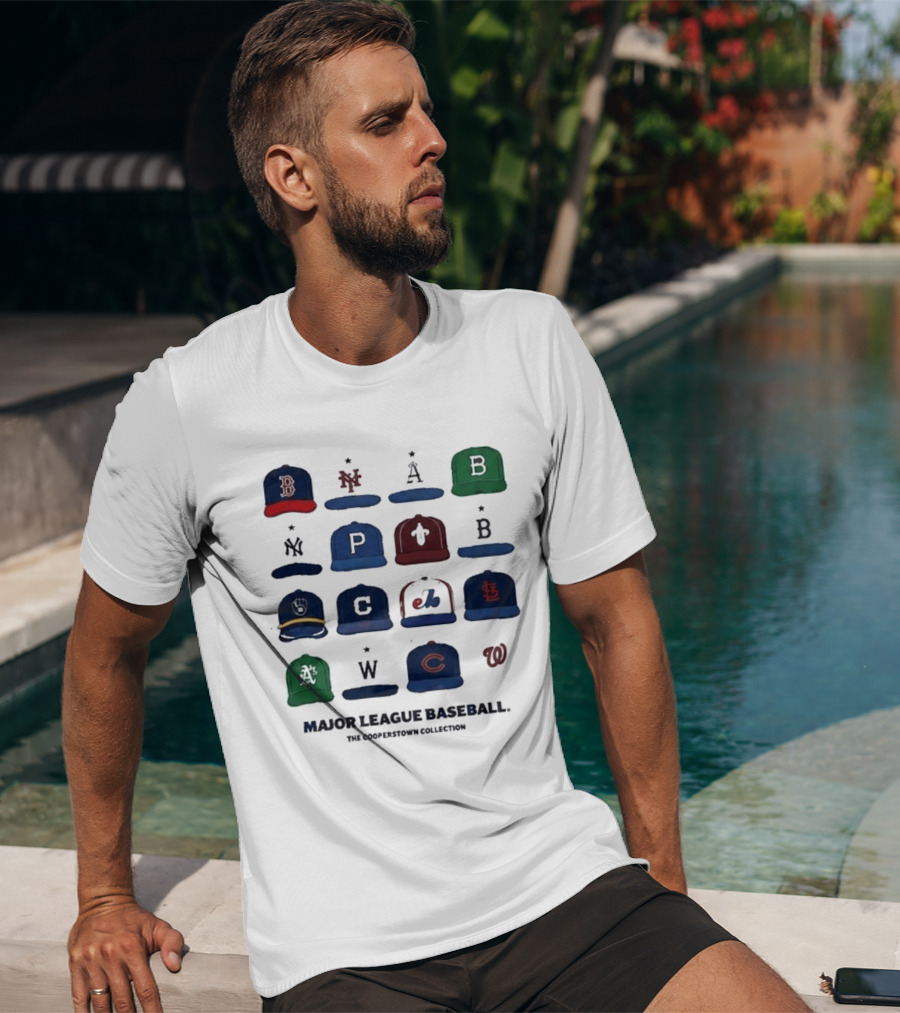 Major League Baseball Cooperstown Collection Cap Collage Featuring Historic Team Logos T-Shirt