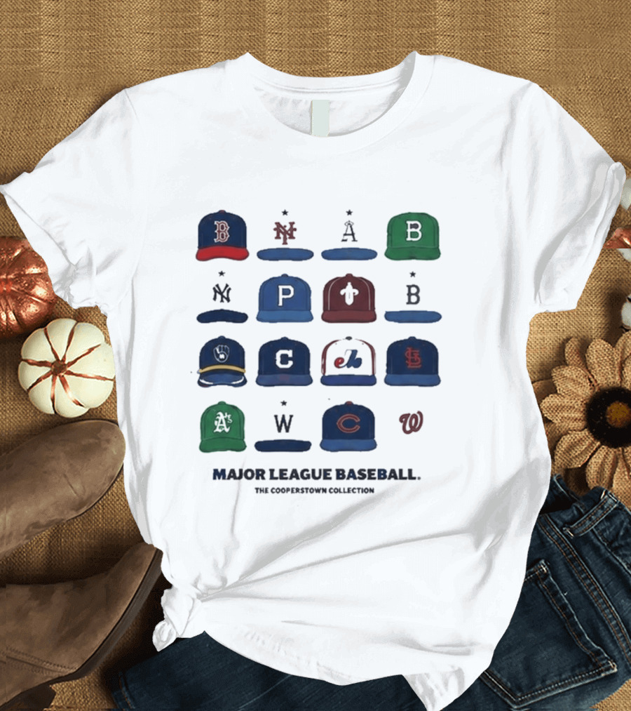 Major League Baseball Cooperstown Collection Cap Collage Featuring Historic Team Logos T-Shirt