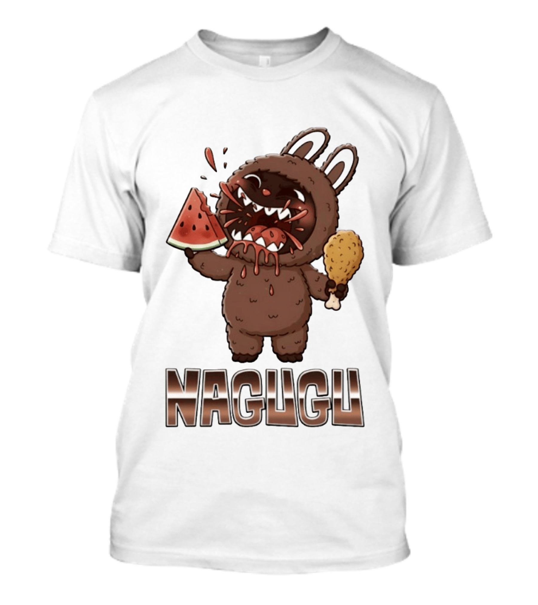 Nagugu Eating Watermelon And Chicken Cartoon T-Shirt