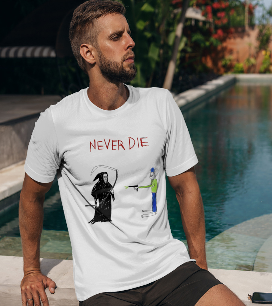Never Die Grim Reaper Confronts Armed Man Drawing T-Shirt