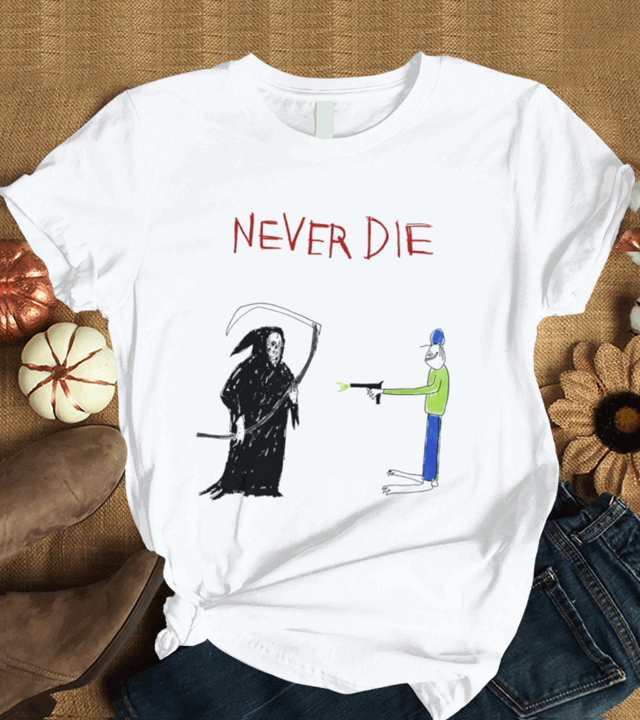 Never Die Grim Reaper Confronts Armed Man Drawing T-Shirt